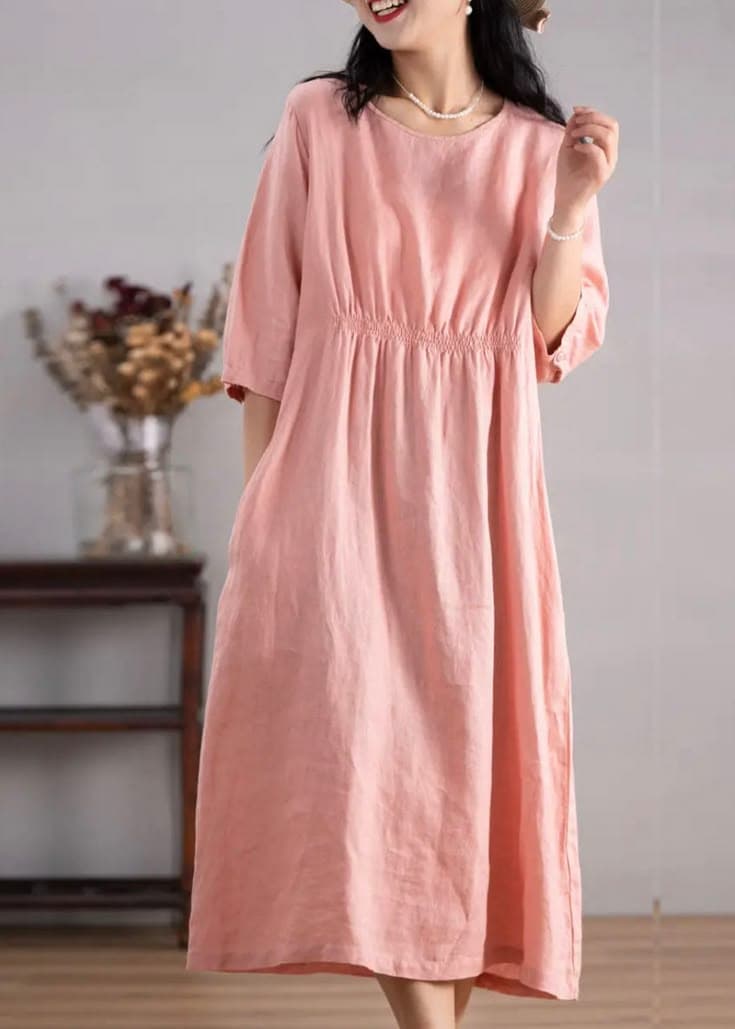 Women Cotton Linen Notch V Neck Short Sleeve Midi Dress
